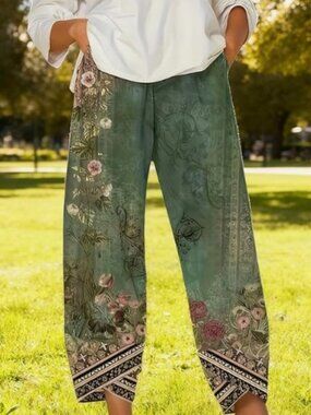 BOHO FLORAL WIDE LEG CROPPED PANTS LIKE NEW